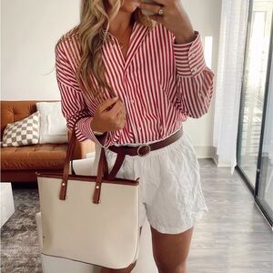 coastal grandma red and white vintage button down